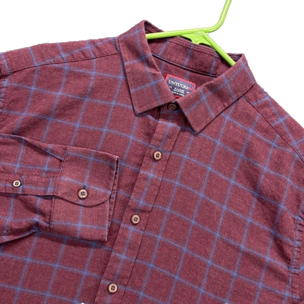 UNTUCKiShirt Mens XL Maroon Blue Windowpane Flannel Long Sleeve Cotton‎ Casual